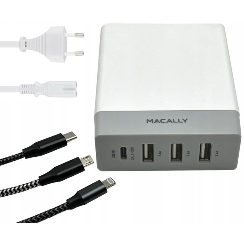 Ładowarka MACALLY 72W 4xUSB + kable