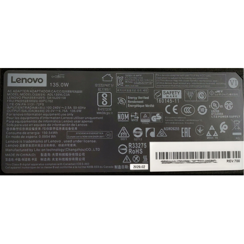 ORYGINALNY ZASILACZ LENOVO 135W 20V 6.75A SLIM TIP