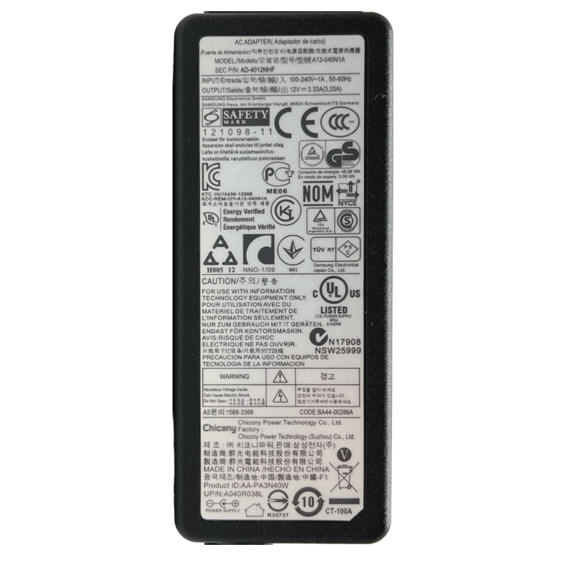 ZASILACZ CHICONY 12V 3.33A 40W 2.5mm/0.7mm do SAMSUNG CHROMEBOOK