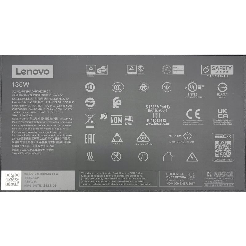 ORYGINALNY ZASILACZ LENOVO 135W 20V 6.75A ADL135YSDC3A WTYK USB-C LEGION